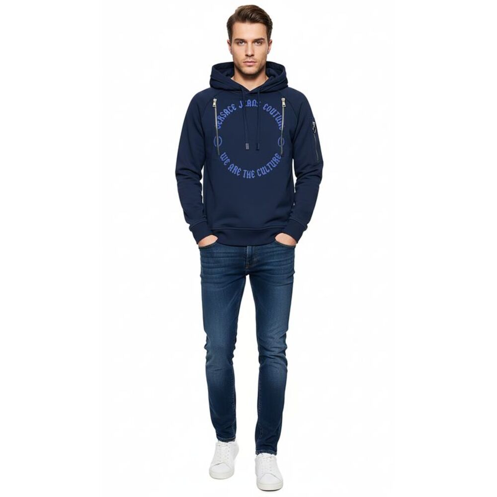 Versace Jeans Couture Steel Blue Cotton Mens Signature Statement Print Hoodie